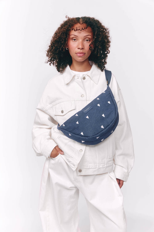 Denim Adult Fanny Pack | Dark Blue White Hearts