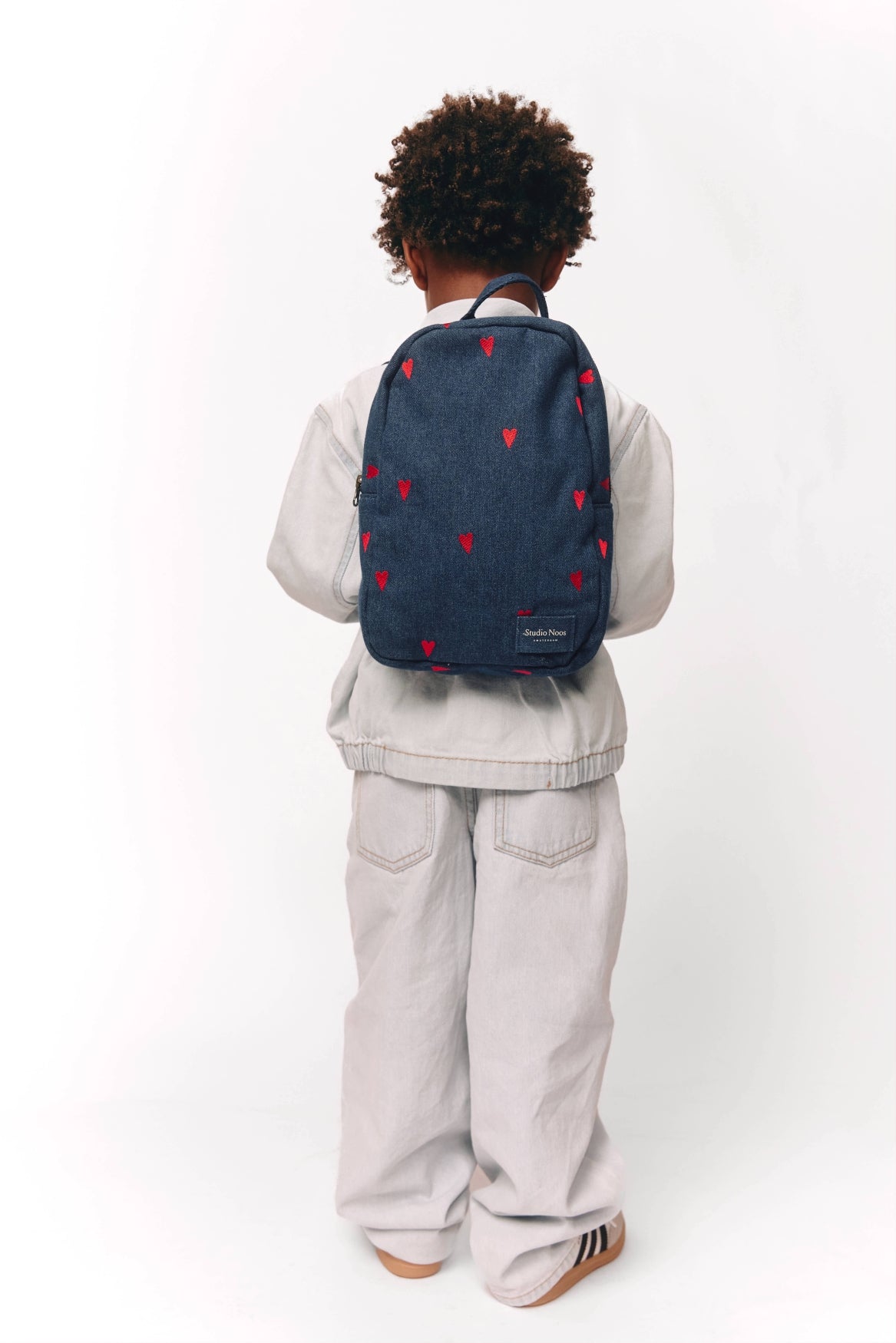 Denim Mini Backpack | Dark Blue Red Hearts