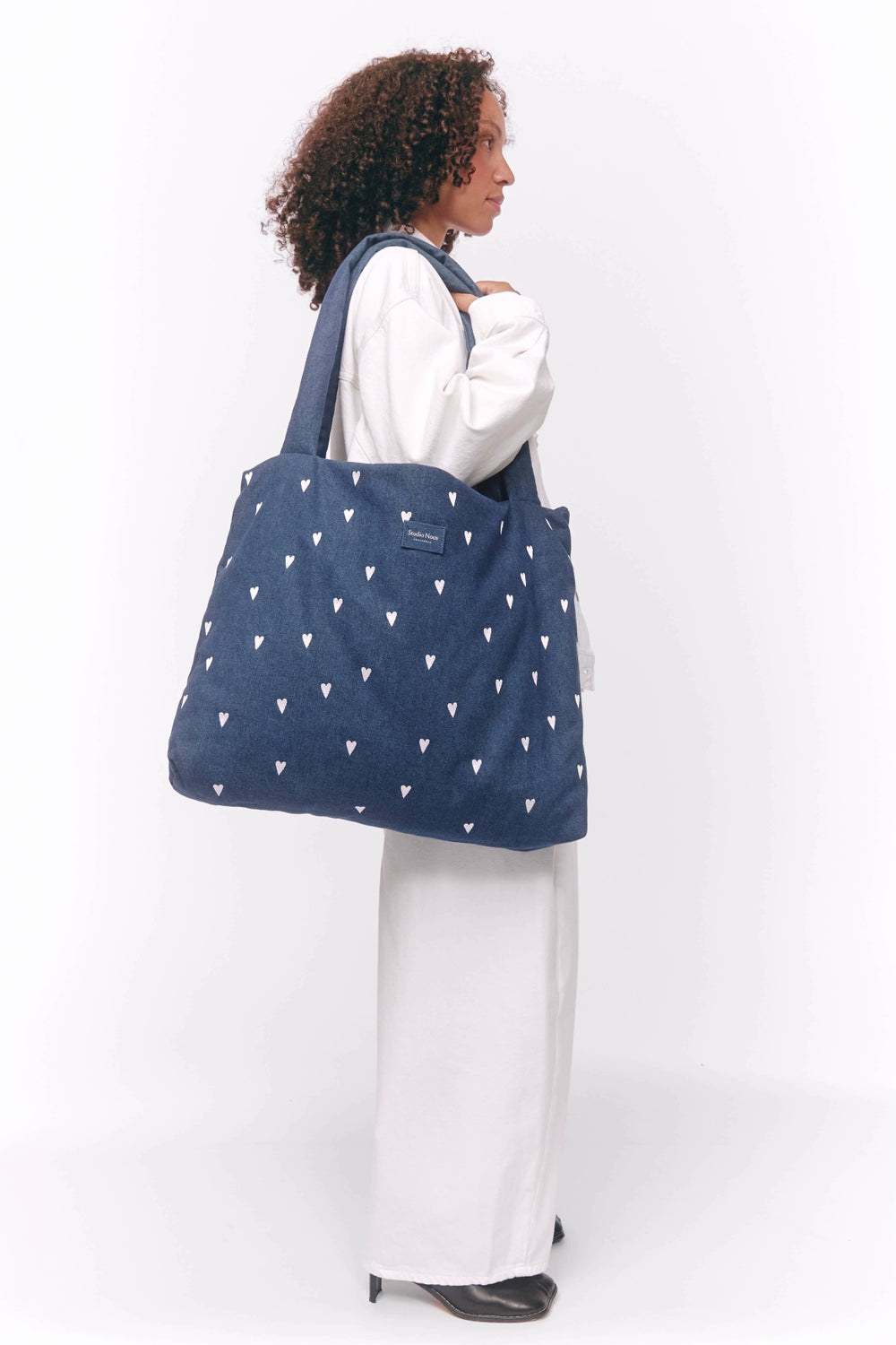 Denim Mom Bag | Dark Blue White Hearts