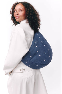 Denim Cross Body Bag | Dark Blue White Hearts