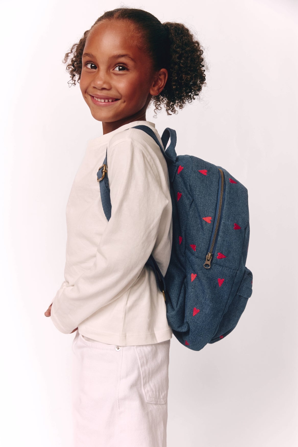 Denim Midi Backpack | Dark Blue Red Hearts