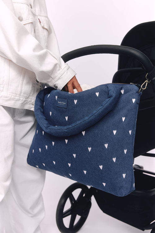 Denim Diaper Bag | Dark Blue White Hearts