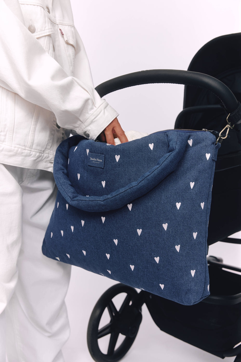 Denim Diaper Bag | Dark Blue White Hearts