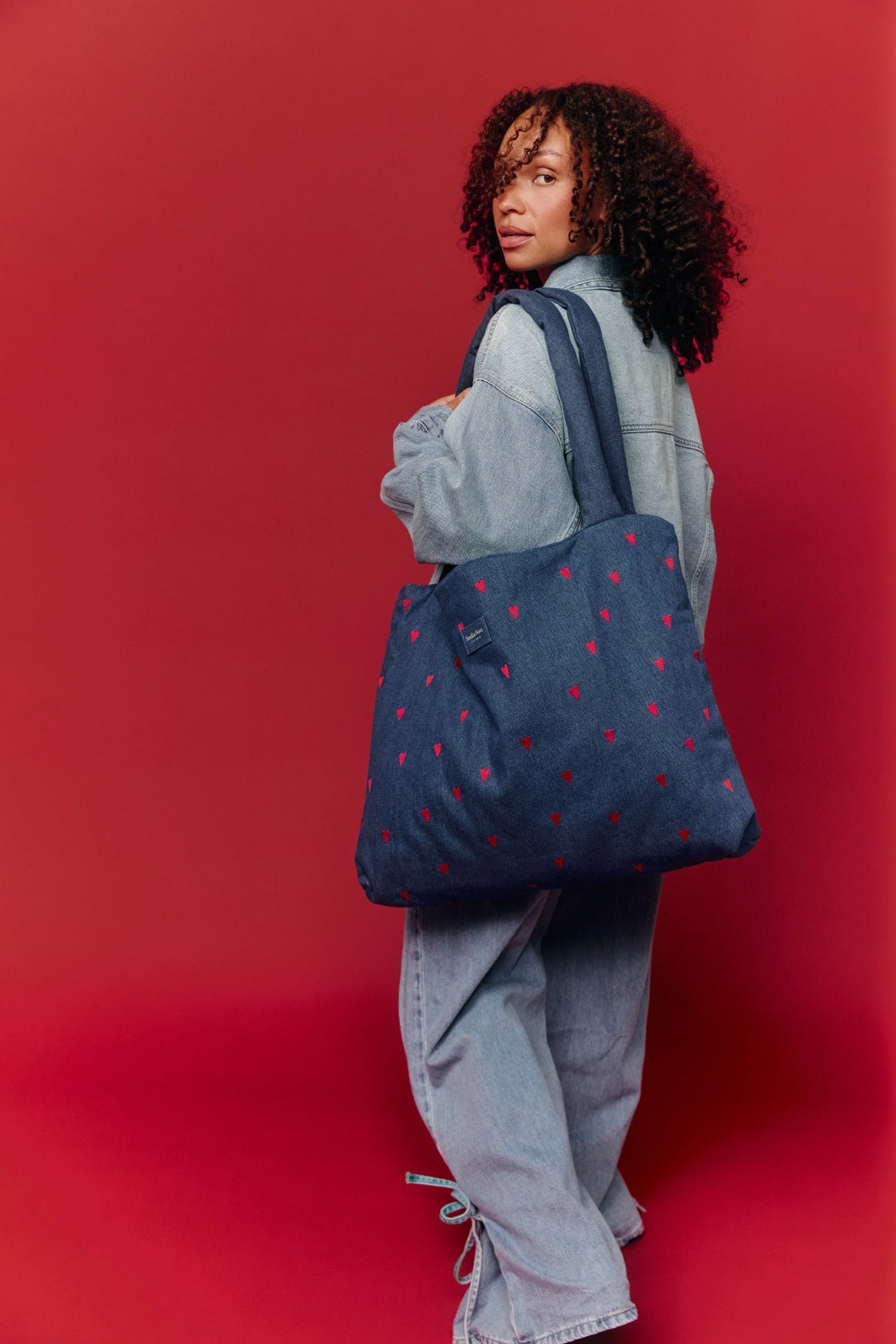 Denim Mom Bag | Dark Blue Red Hearts
