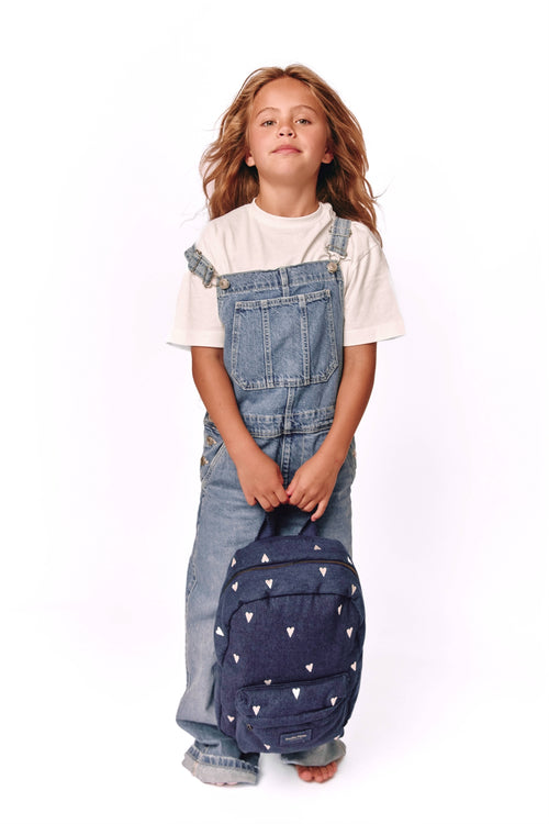Denim Midi Backpack | Dark Blue White Hearts