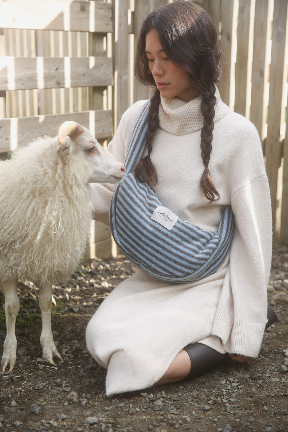 Stripy Wool Mini Cross Body Bag | Light Blue / Brown